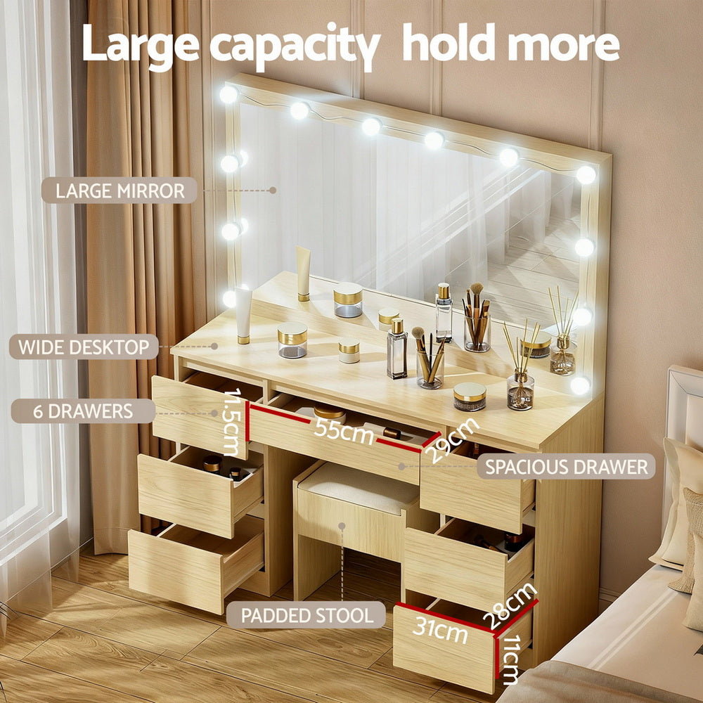 Dressing Table Vanity Set – LED Lighting, Wood Finish with Stool