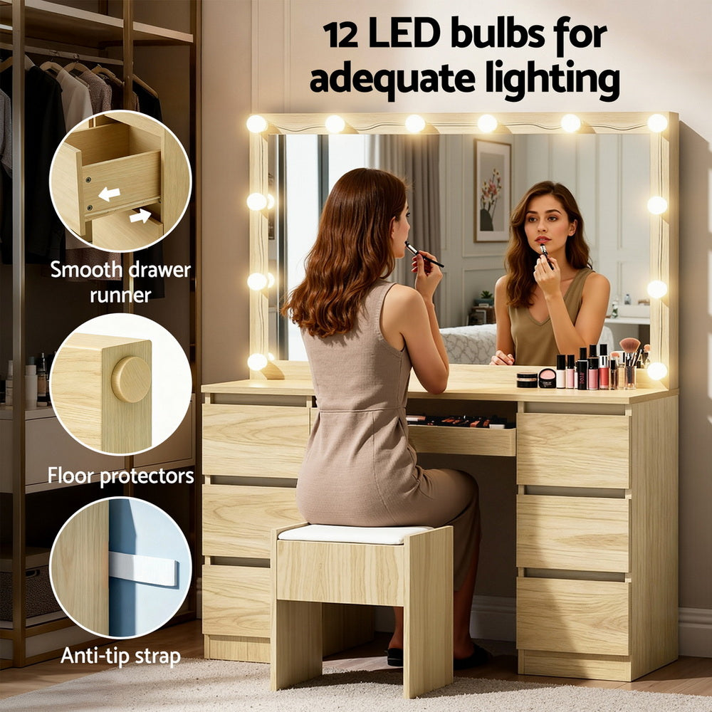 Dressing Table Vanity Set – LED Lighting, Wood Finish with Stool