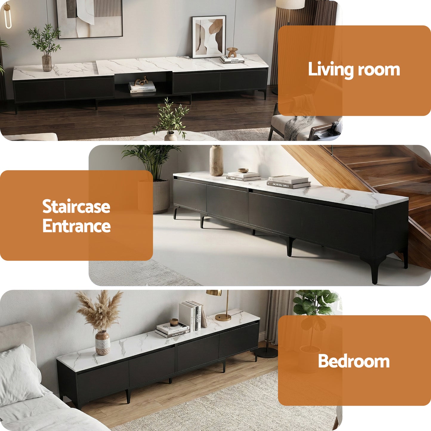 Extendable TV Cabinet – Adjustable Length, Black Finish