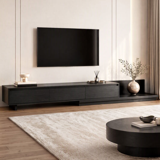 TWSC Extendable TV Unit 200CM 3 Storage Drawers Dark Walnut & Black