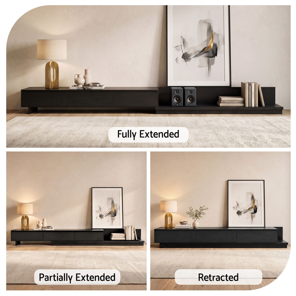 TWSC Extendable TV Unit 200CM 3 Storage Drawers Dark Walnut & Black