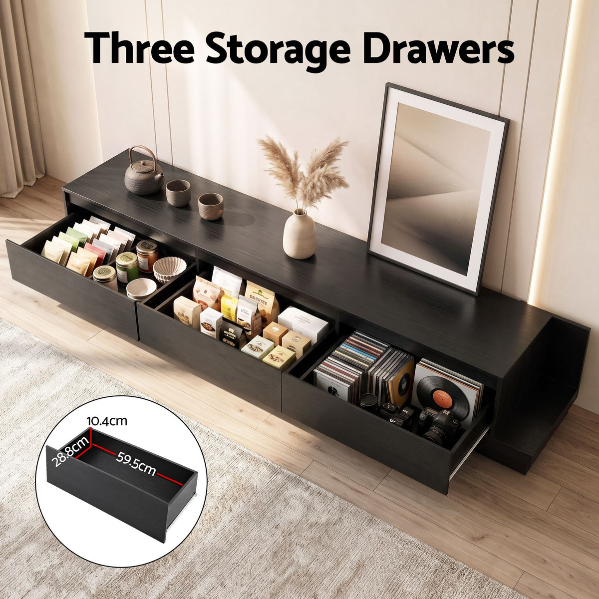 TWSC Extendable TV Unit 200CM 3 Storage Drawers Dark Walnut & Black