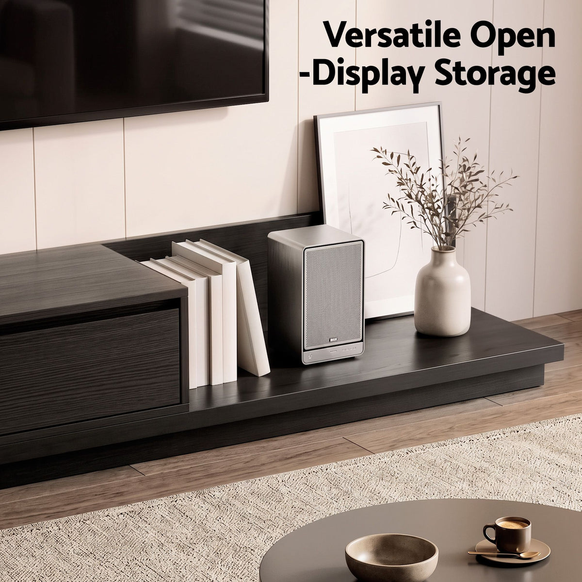TWSC Extendable TV Unit 200CM 3 Storage Drawers Dark Walnut & Black
