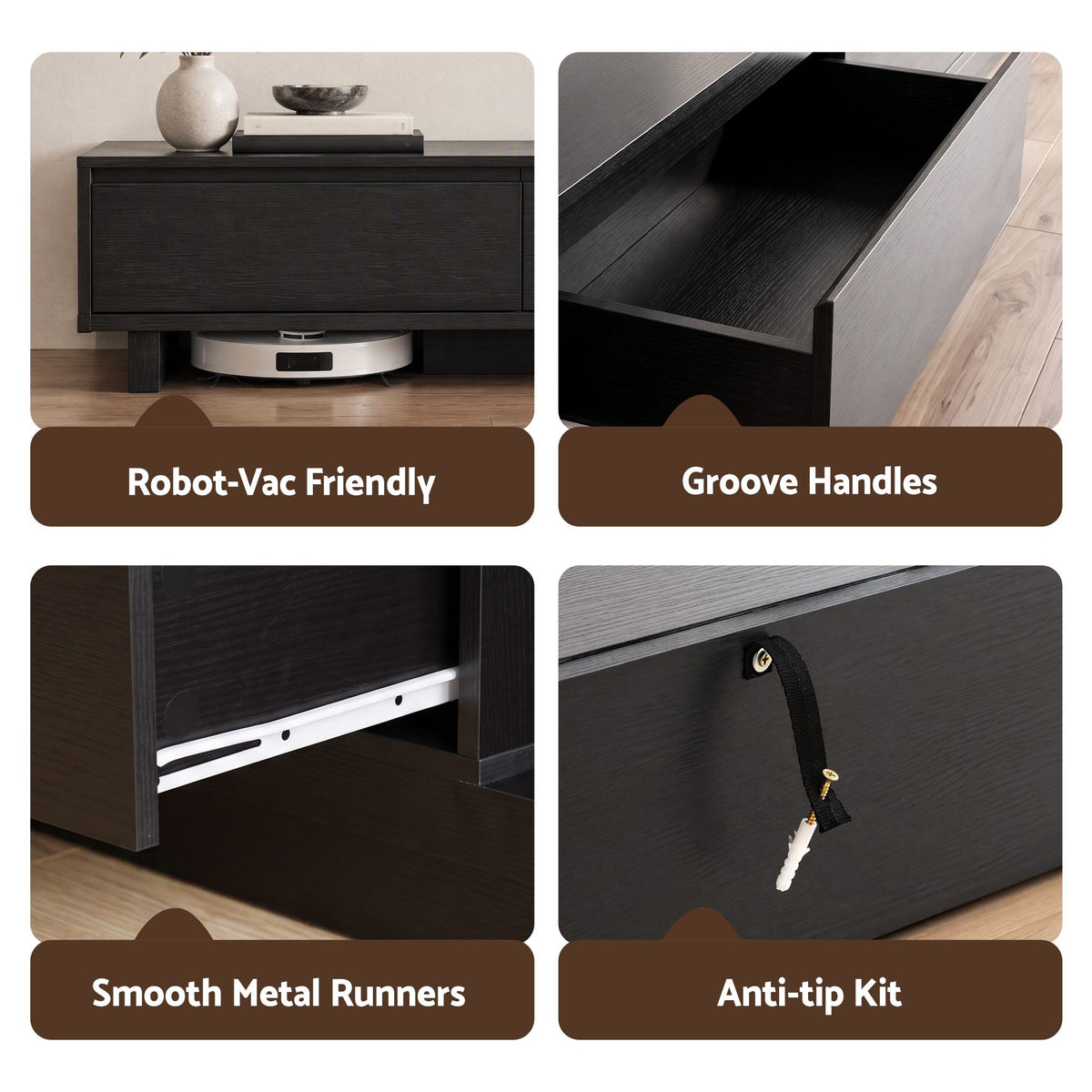 TWSC Extendable TV Unit 200CM 3 Storage Drawers Dark Walnut & Black