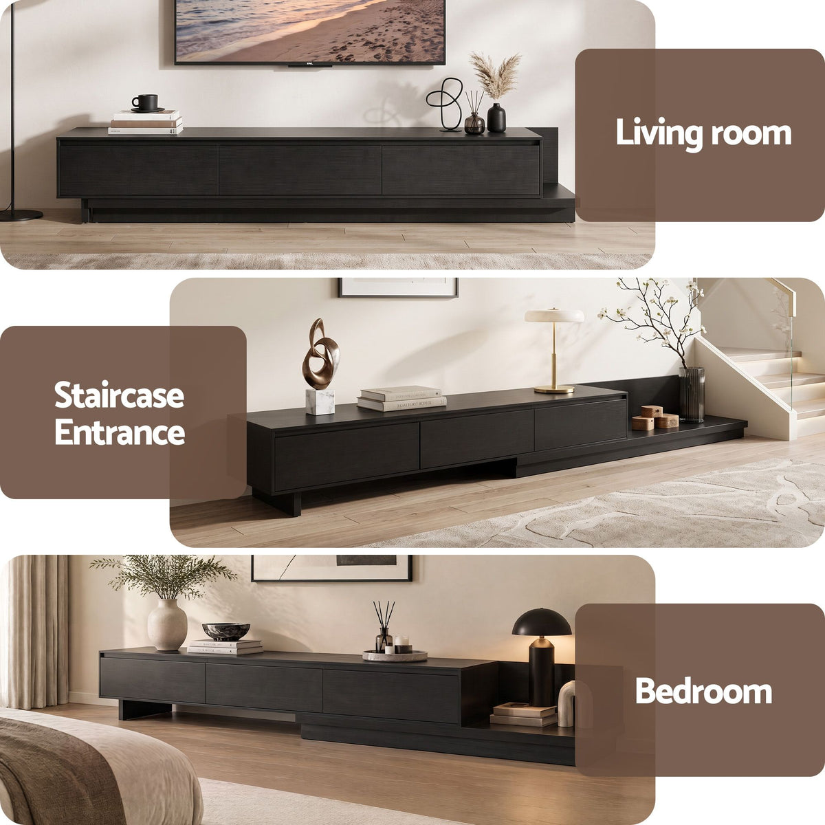 TWSC Extendable TV Unit 200CM 3 Storage Drawers Dark Walnut & Black