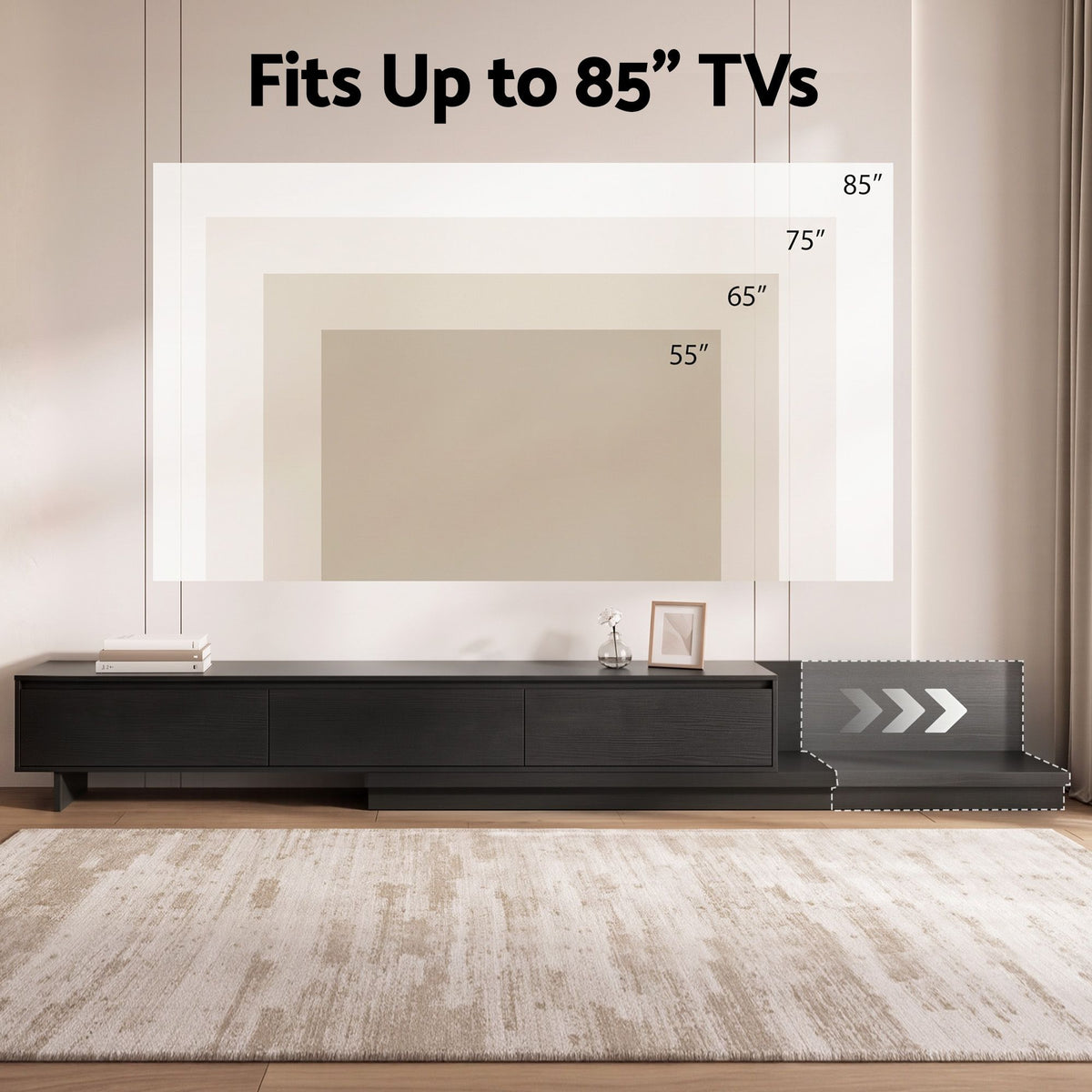 TWSC Extendable TV Unit 200CM 3 Storage Drawers Dark Walnut & Black