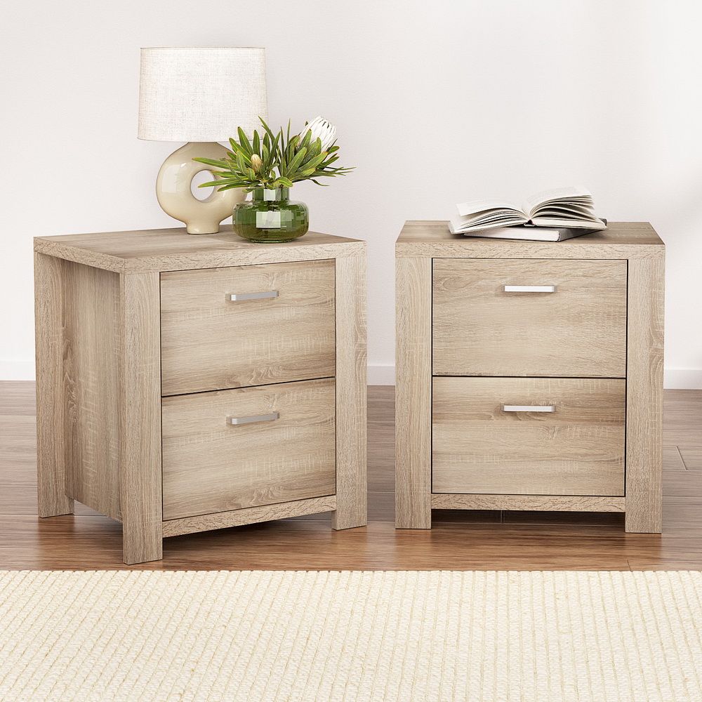 Set of two bedside tables with two drawers each in Maxi pine finish, crafted by The Willow Stone Collective for bedroom décor.