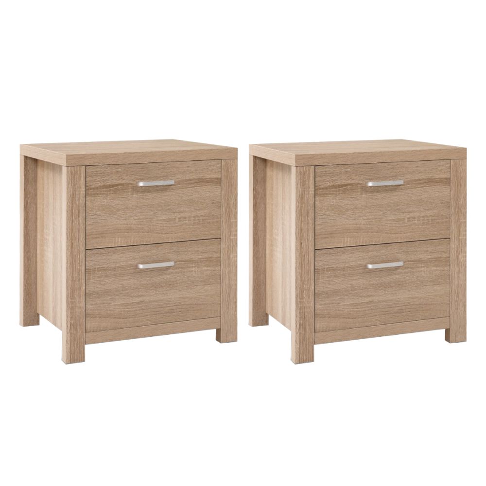 Pair of bedside tables with two drawers in maxi pine finish from The Willow Stone Collective, showcasing their sleek bedroom furniture design.