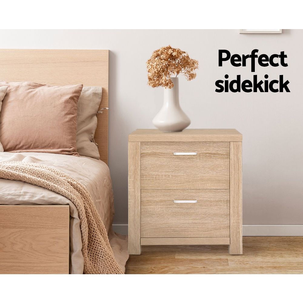 Set of two Maxi Pine finish bedside tables with 2 drawers each from The Willow Stone Collective, bedroom furniture for convenient storage.