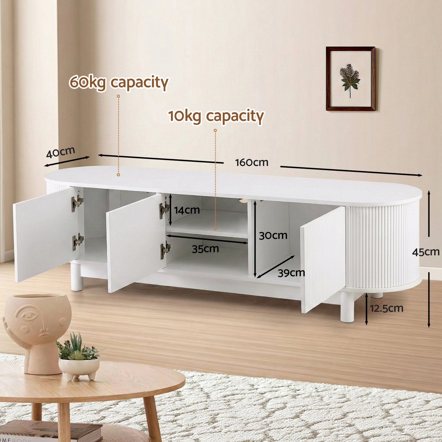 Entertainment Unit – Storage Cabinet with Soft Close, 160cm White