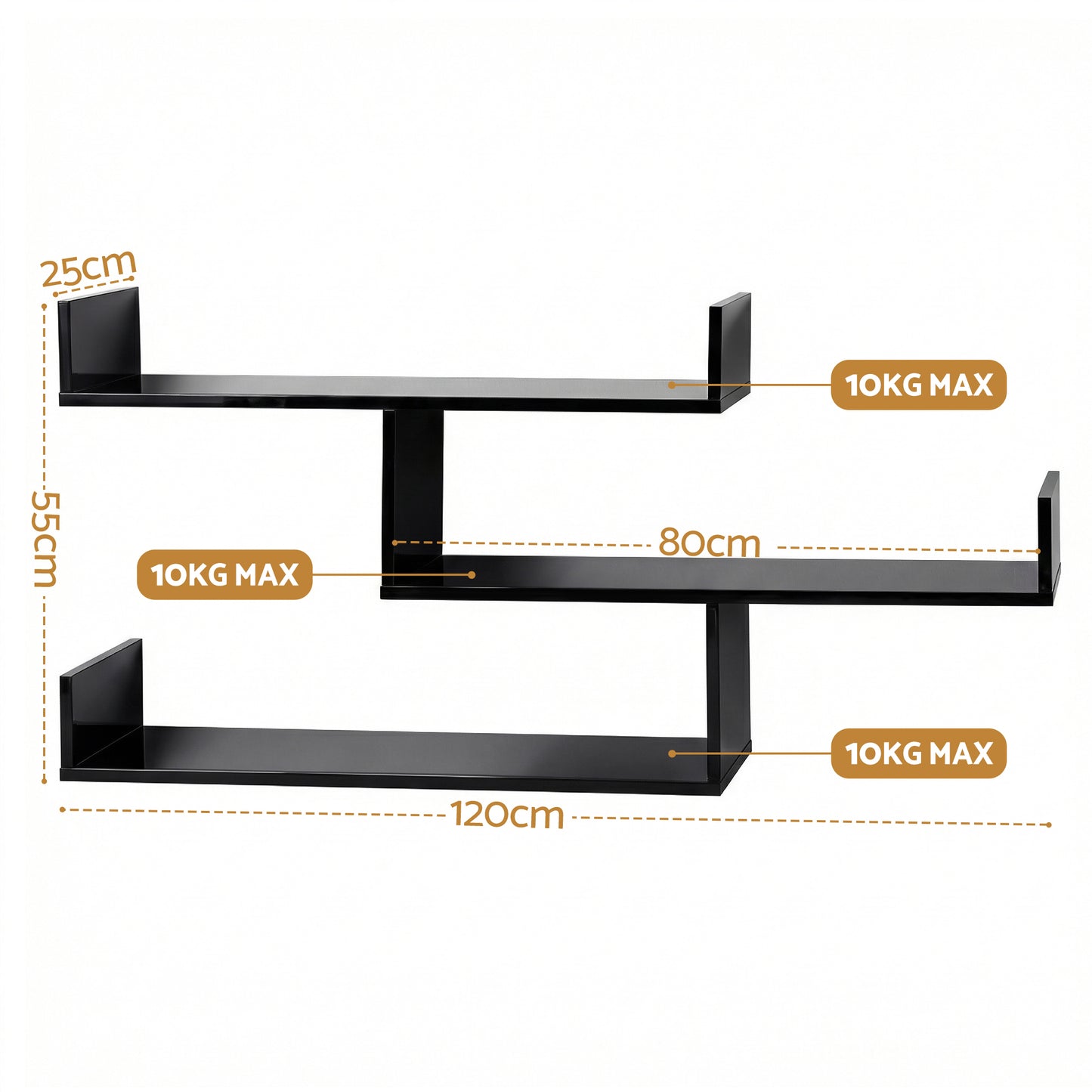 Floating Wall Shelf – 3 Tier Black, Minimalist Design