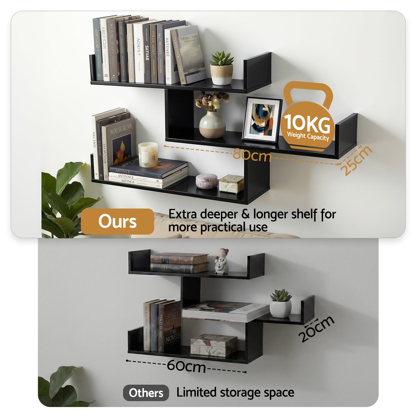 Floating Wall Shelf – 3 Tier Black, Minimalist Design
