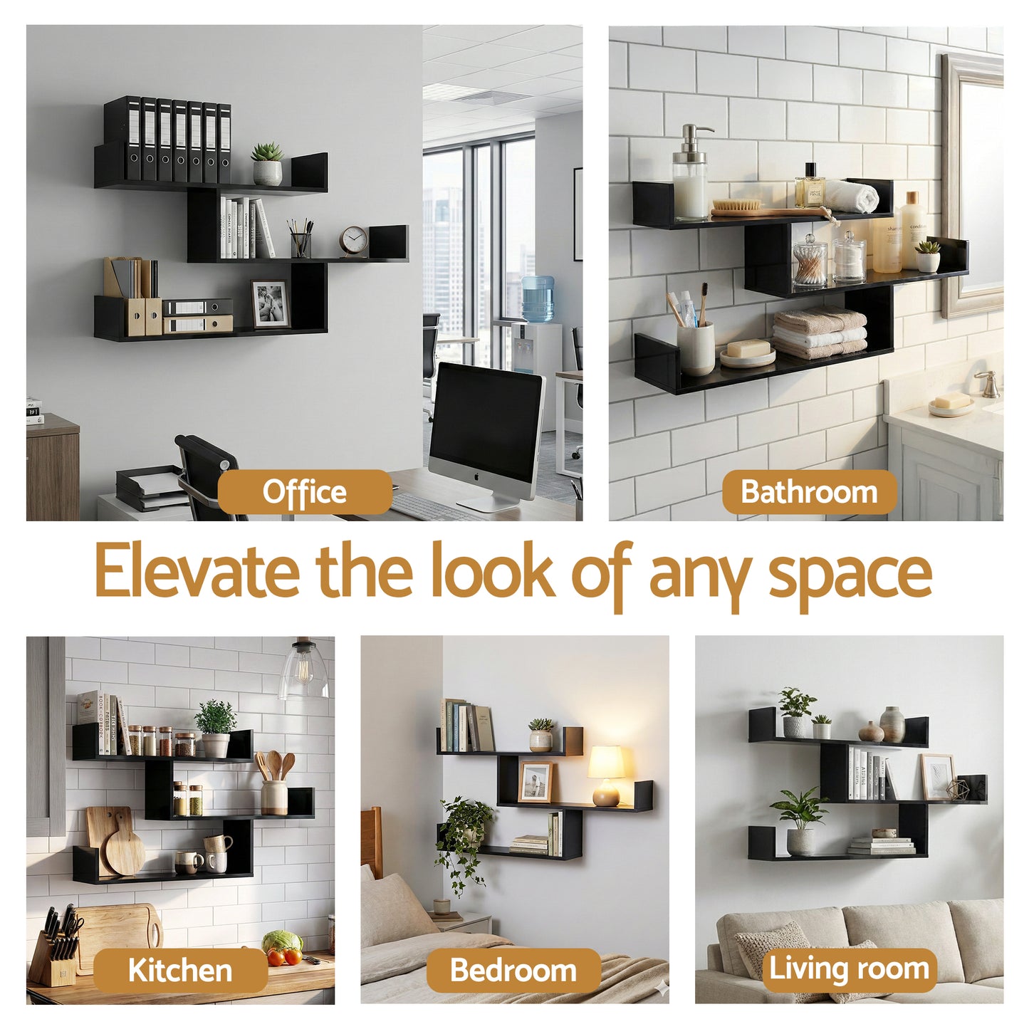 Floating Wall Shelf – 3 Tier Black, Minimalist Design