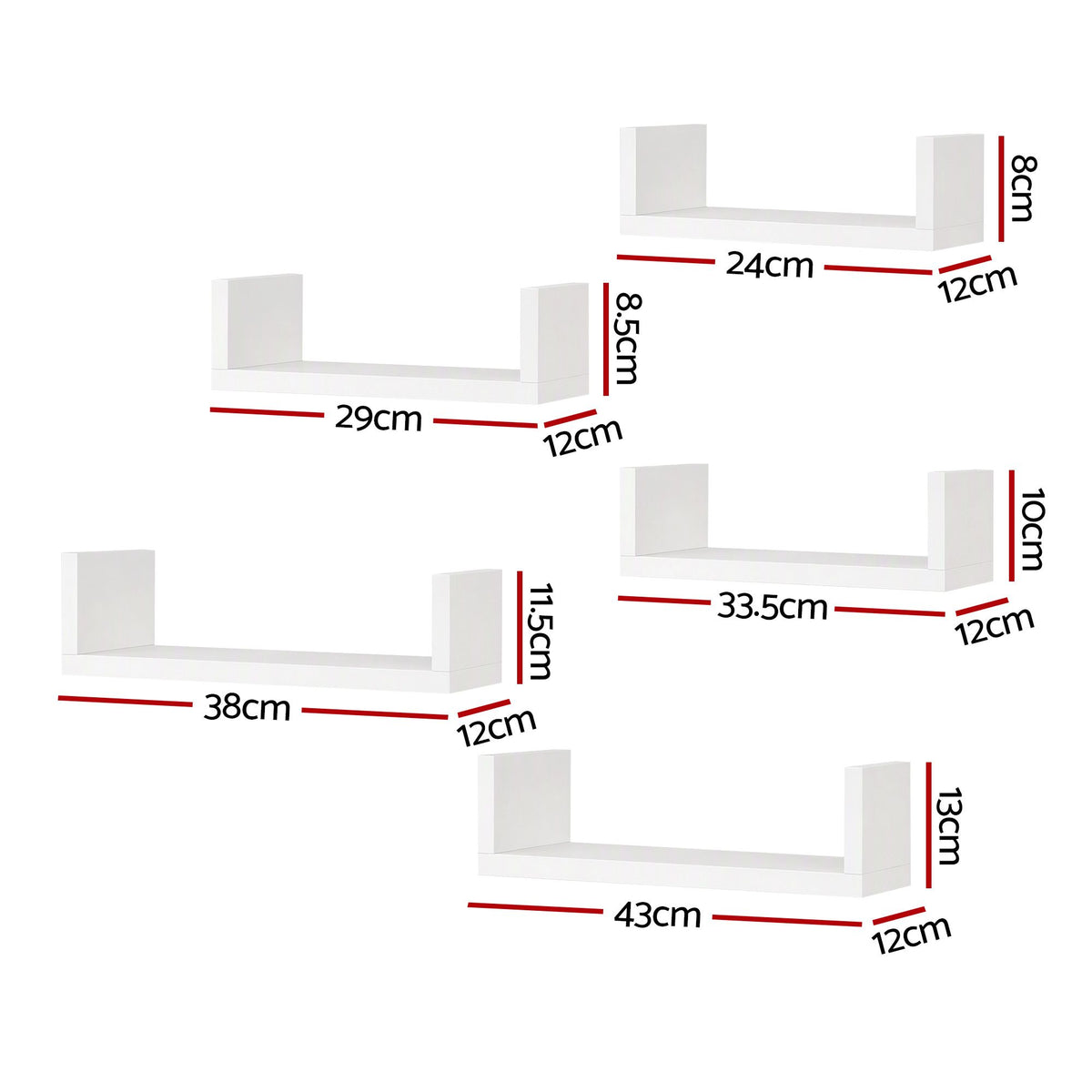 TWSC Floating Wall Shelves Set of 5 Mounted U-Shape Display Ledge, White
