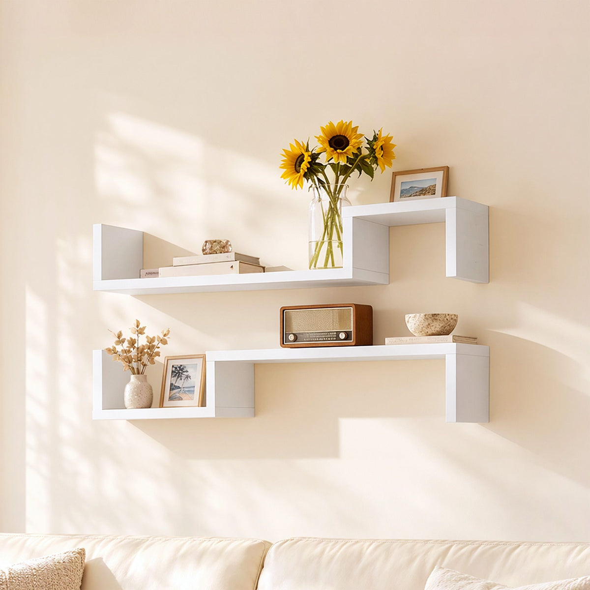 TWSC Set of 2 Floating Shelves Wall Mounted S-Shape Display Ledge, White