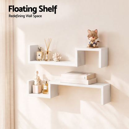 TWSC Set of 2 Floating Shelves Wall Mounted S-Shape Display Ledge, White