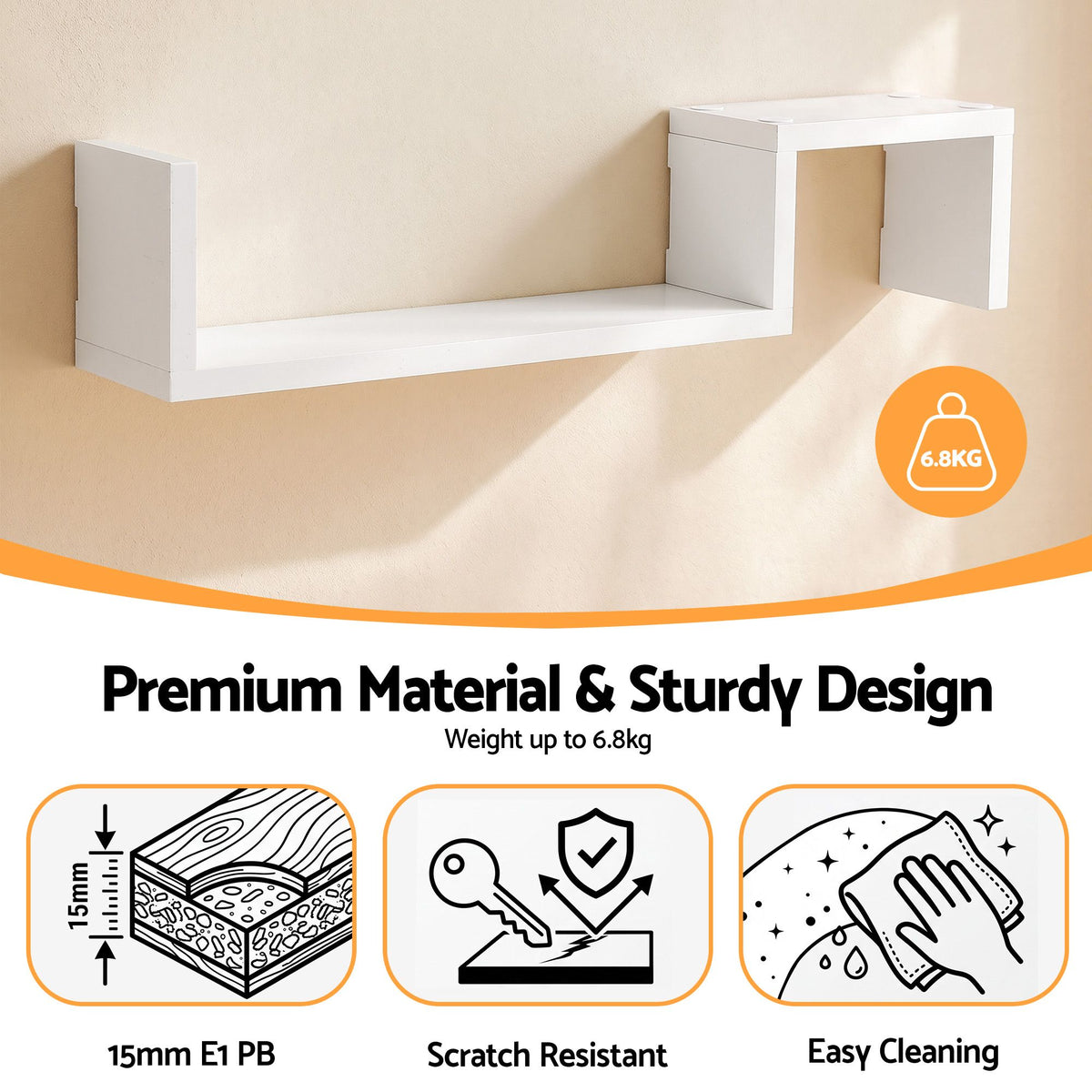 TWSC Set of 2 Floating Shelves Wall Mounted S-Shape Display Ledge, White