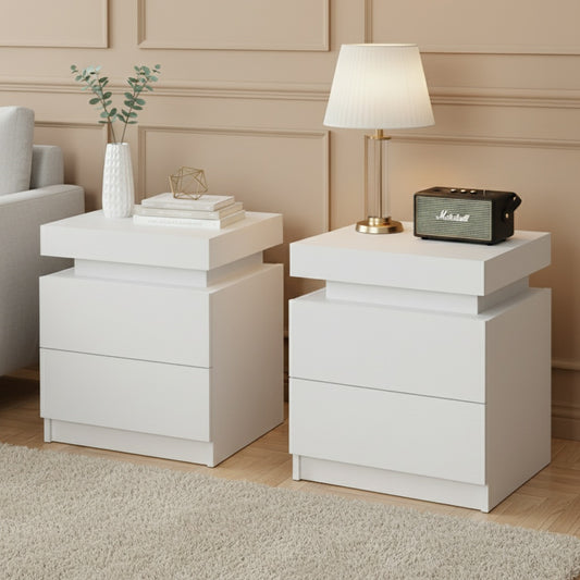 Bedside Table with Lift-Up Storage and 2 Drawers – White, Particle Board