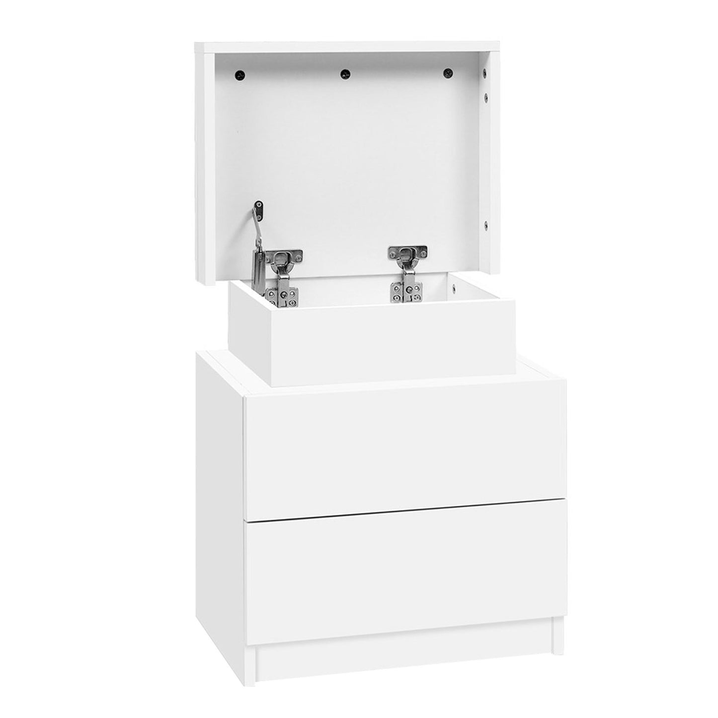 Bedside Table with Lift-Up Storage and 2 Drawers – White, Particle Board
