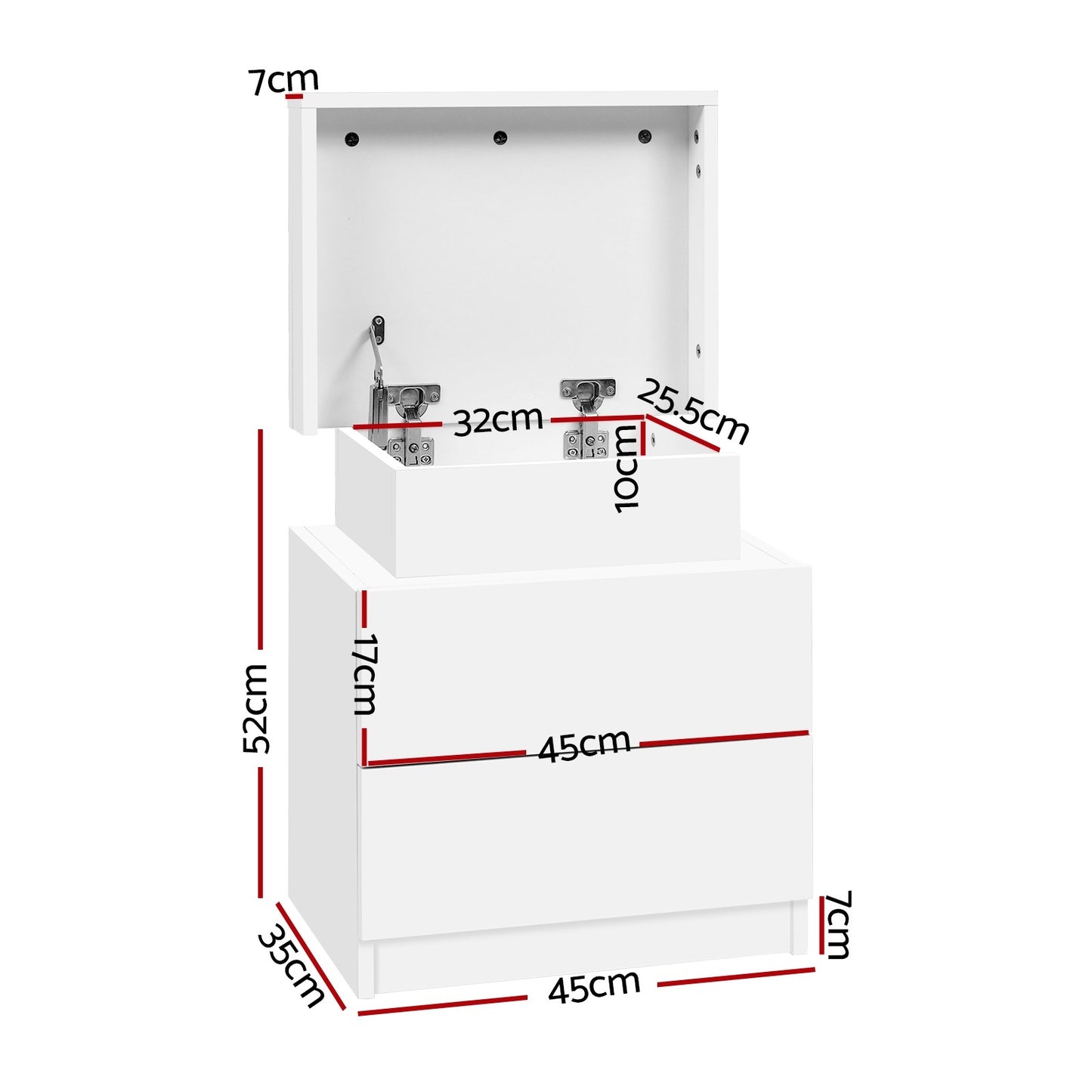 Bedside Table with Lift-Up Storage and 2 Drawers – White, Particle Board