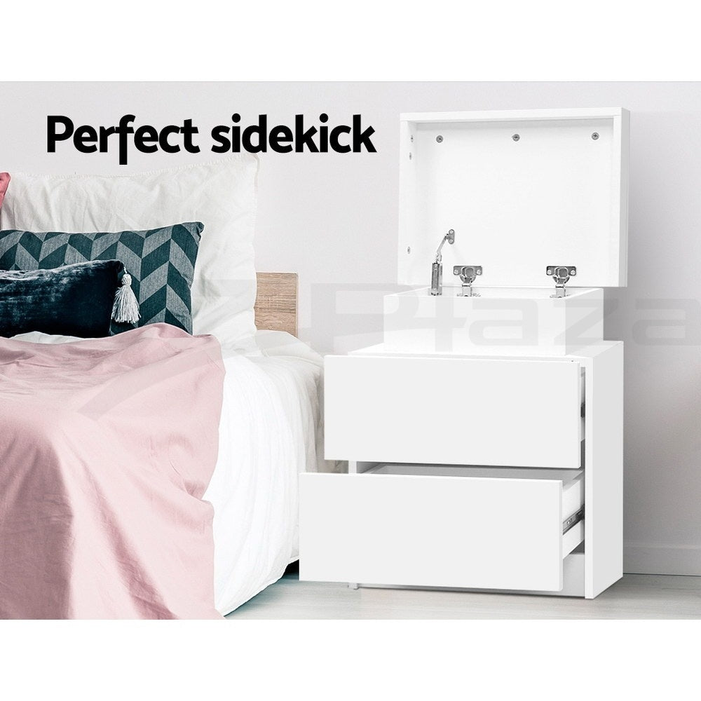 Bedside Table with Lift-Up Storage and 2 Drawers – White, Particle Board