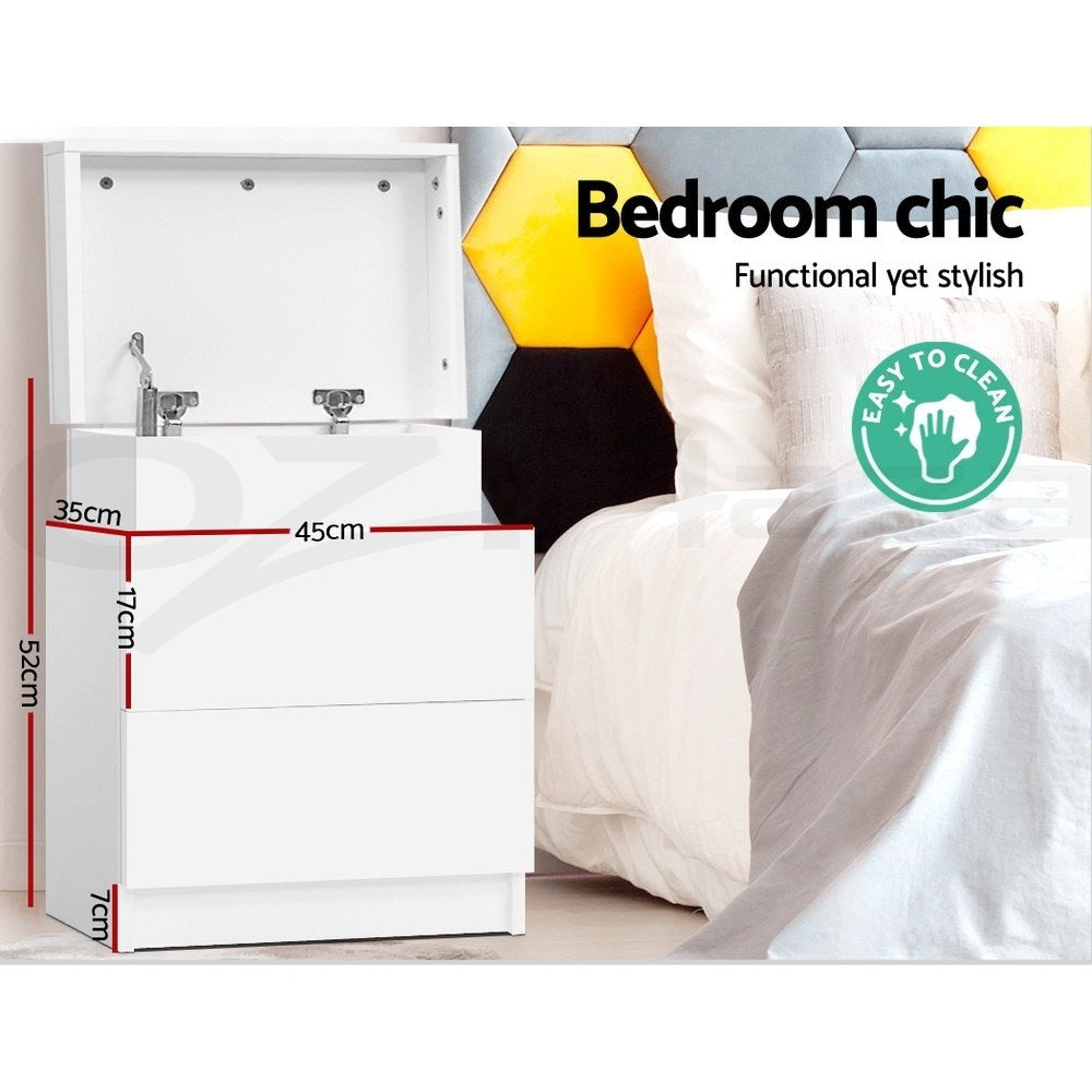 Bedside Table with Lift-Up Storage and 2 Drawers – White, Particle Board