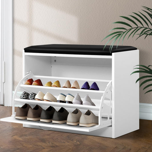 Shoe Storage Bench – 15-Pair Capacity, White PU Leather Seat