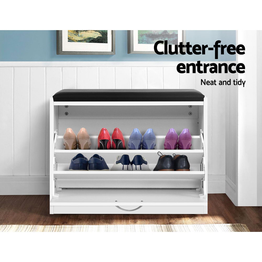 Shoe Storage Bench – 15-Pair Capacity, White PU Leather Seat