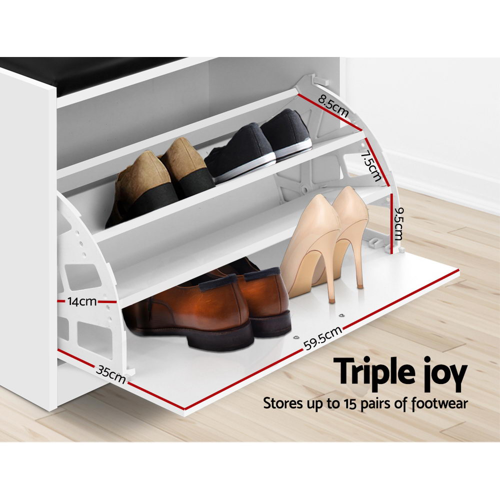 Shoe Storage Bench – 15-Pair Capacity, White PU Leather Seat