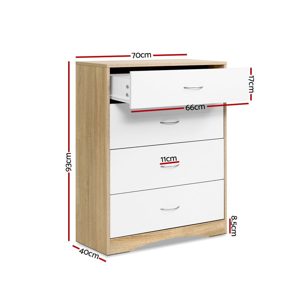 Chest of Drawers – 4 Spacious Drawers, White and Oak Finish