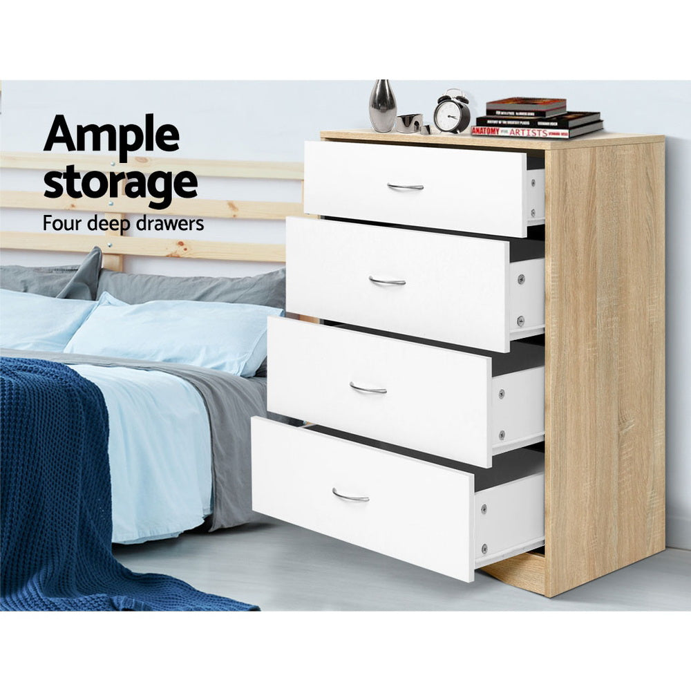 Chest of Drawers – 4 Spacious Drawers, White and Oak Finish