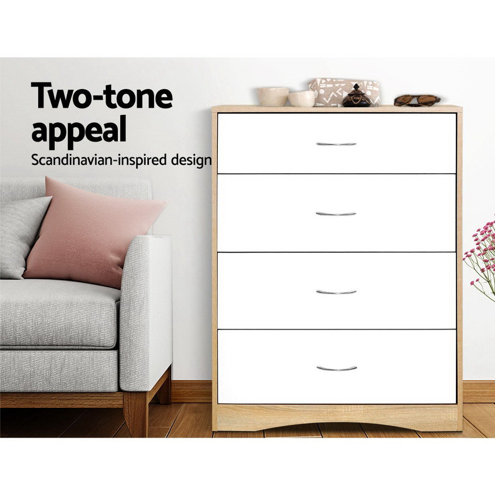 Chest of Drawers – 4 Spacious Drawers, White and Oak Finish