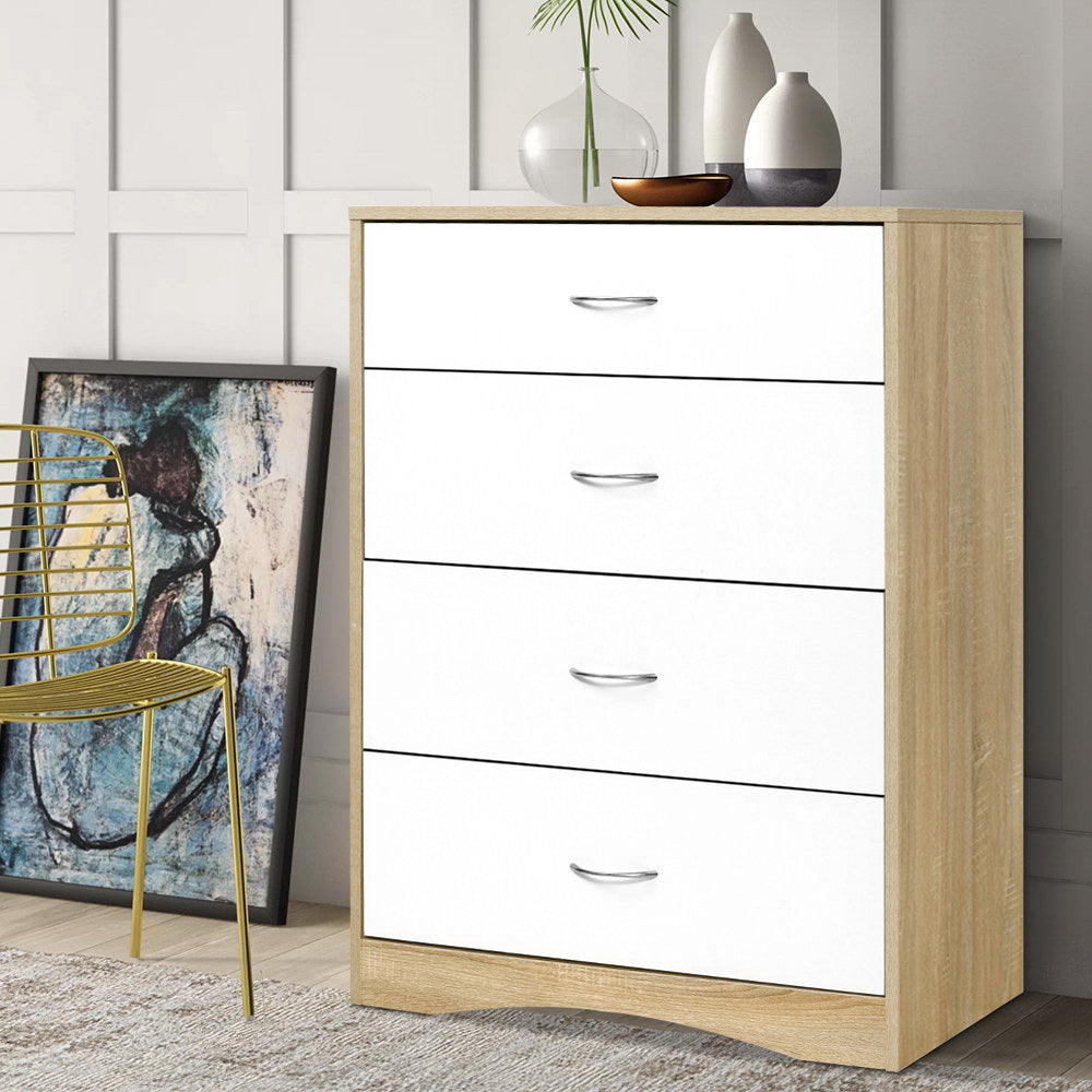 Chest of Drawers – 4 Spacious Drawers, White and Oak Finish