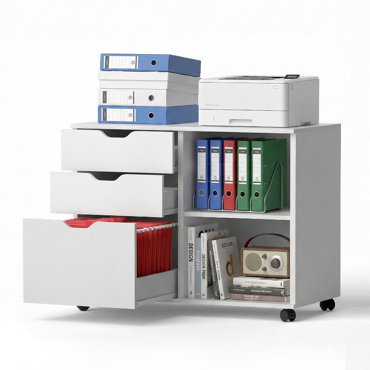 3-Drawer Mobile Filing Cabinet with Printer Stand – White