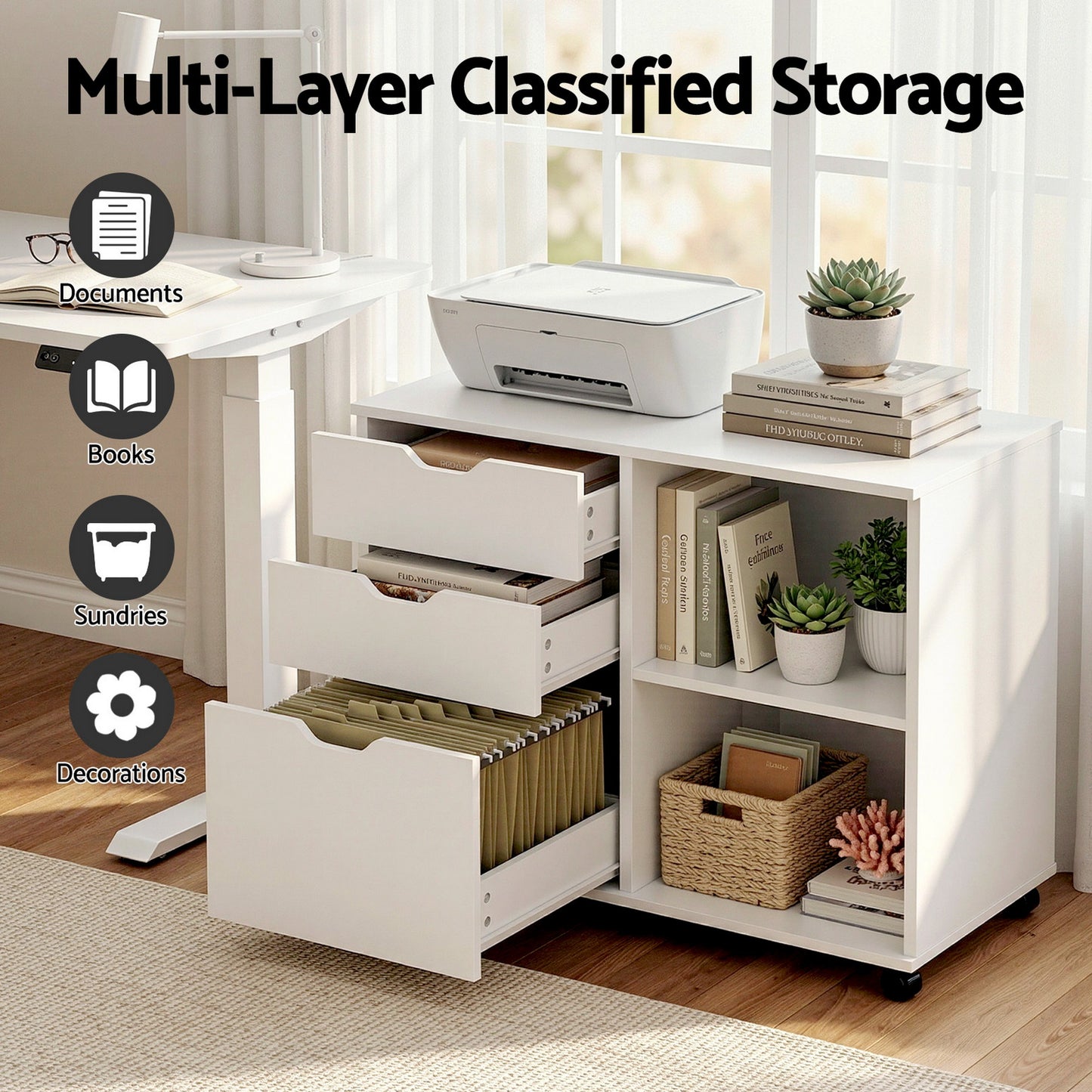 3-Drawer Mobile Filing Cabinet with Printer Stand – White