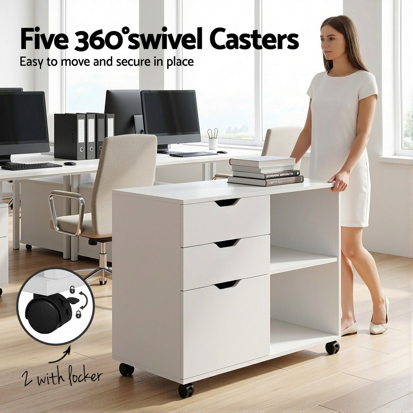 3-Drawer Mobile Filing Cabinet with Printer Stand – White