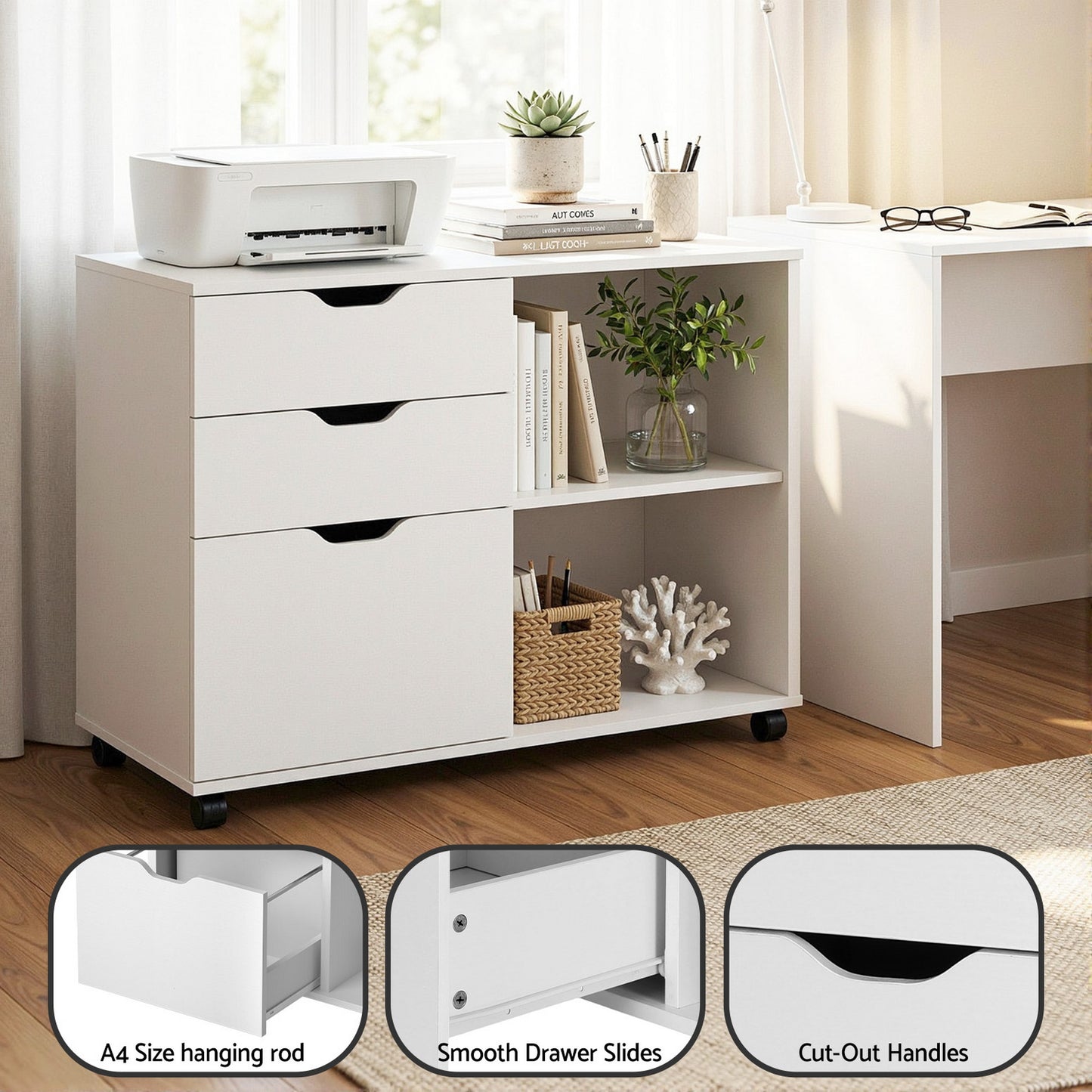 3-Drawer Mobile Filing Cabinet with Printer Stand – White