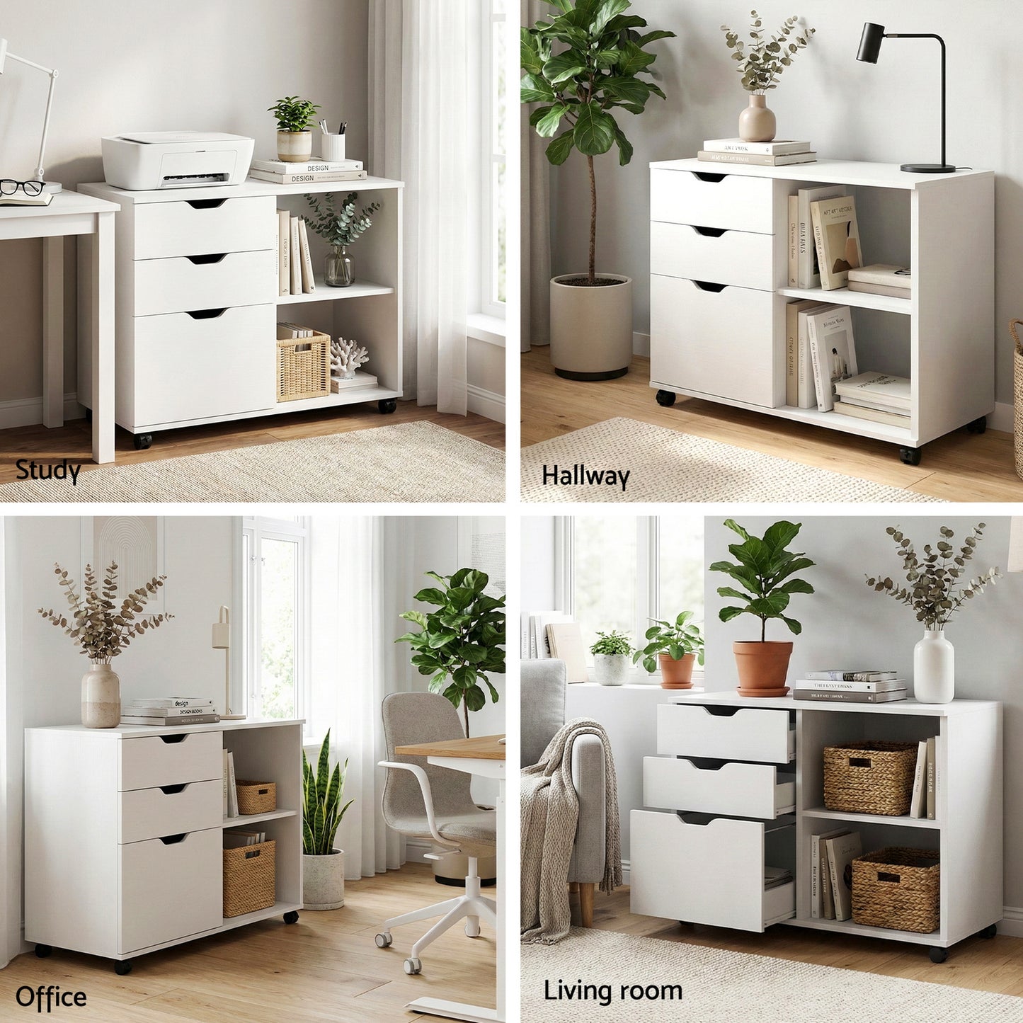 3-Drawer Mobile Filing Cabinet with Printer Stand – White