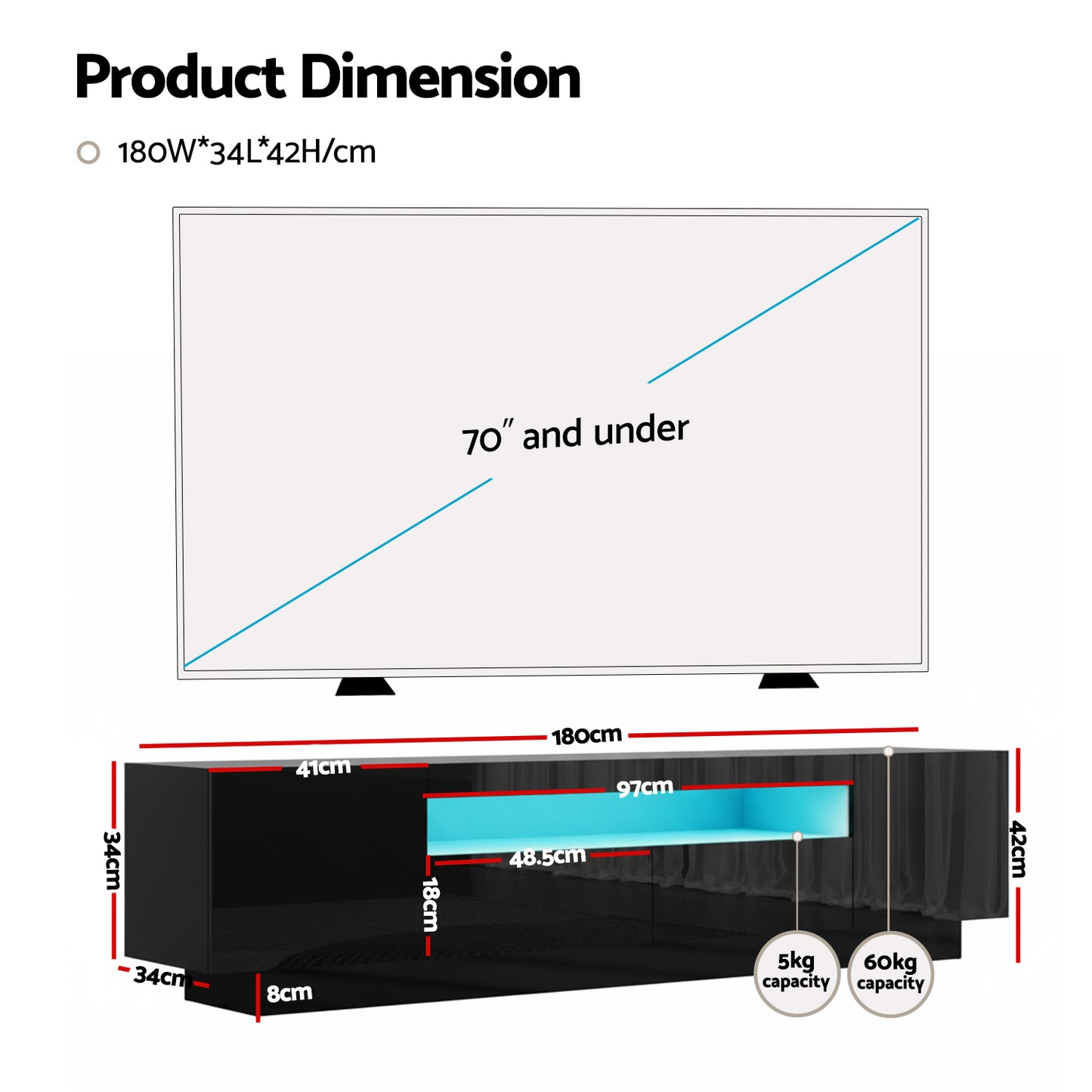 TV Unit with RGB LED Lighting – 180cm Black Entertainment Storage Drawer