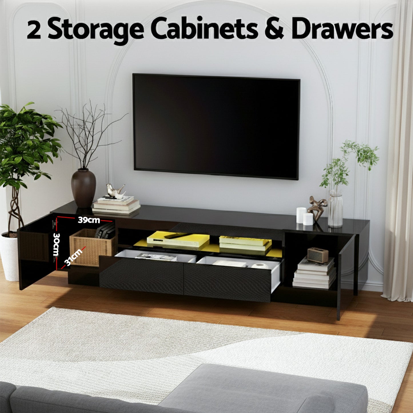 TV Unit with RGB LED Lighting – 180cm Black Entertainment Storage Drawer