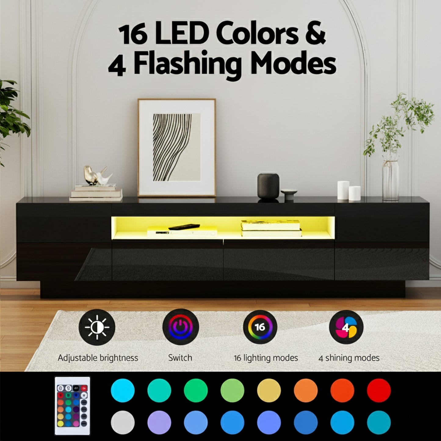 TV Unit with RGB LED Lighting – 180cm Black Entertainment Storage Drawer