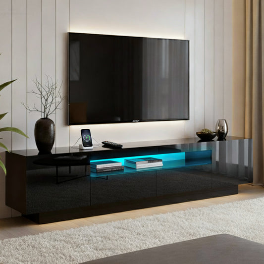 TV Unit with RGB LED Lighting – 180cm Black Entertainment Storage Drawer