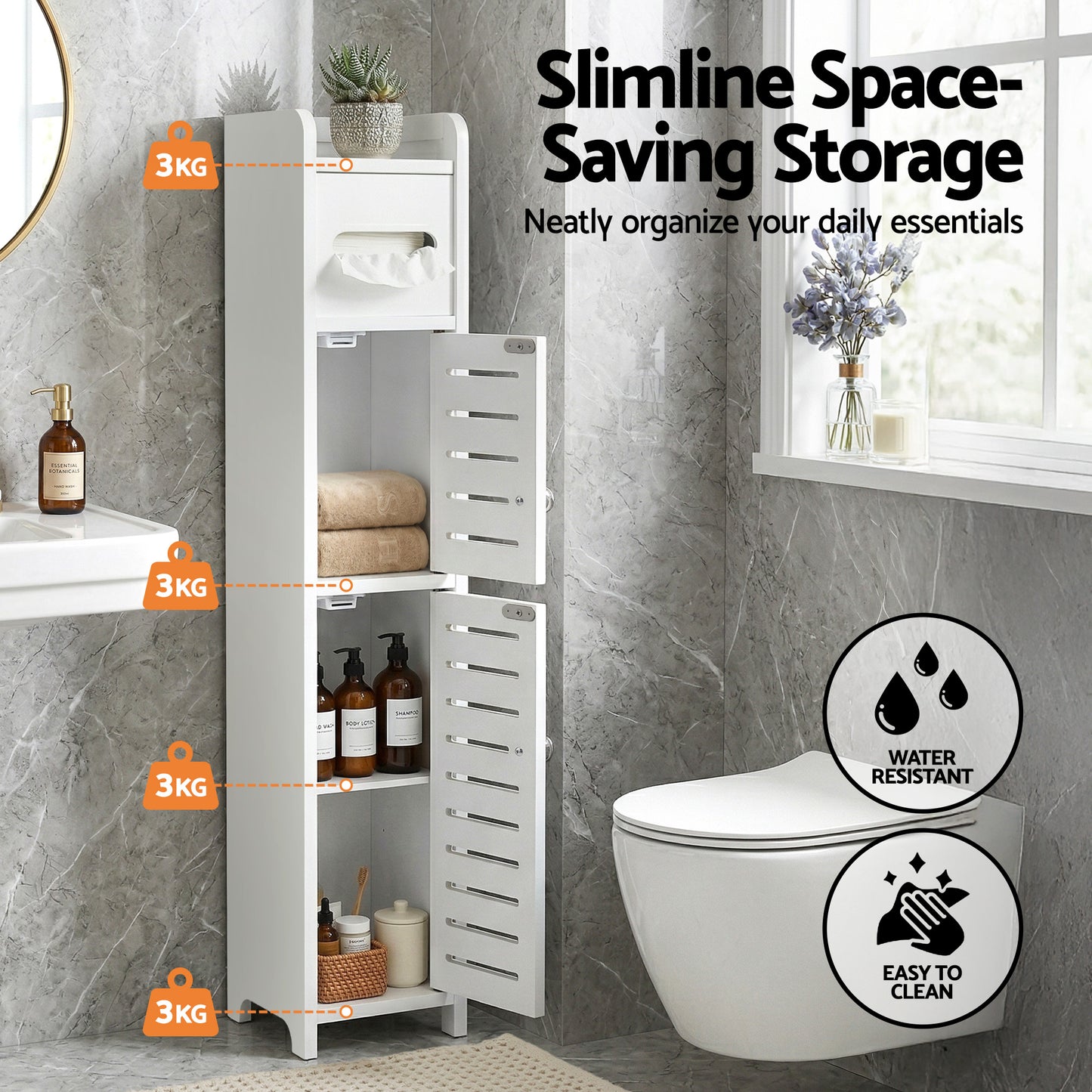 Bathroom Storage Cabinet – Slim 3-Tier Organizer with Toilet Paper Holder, White