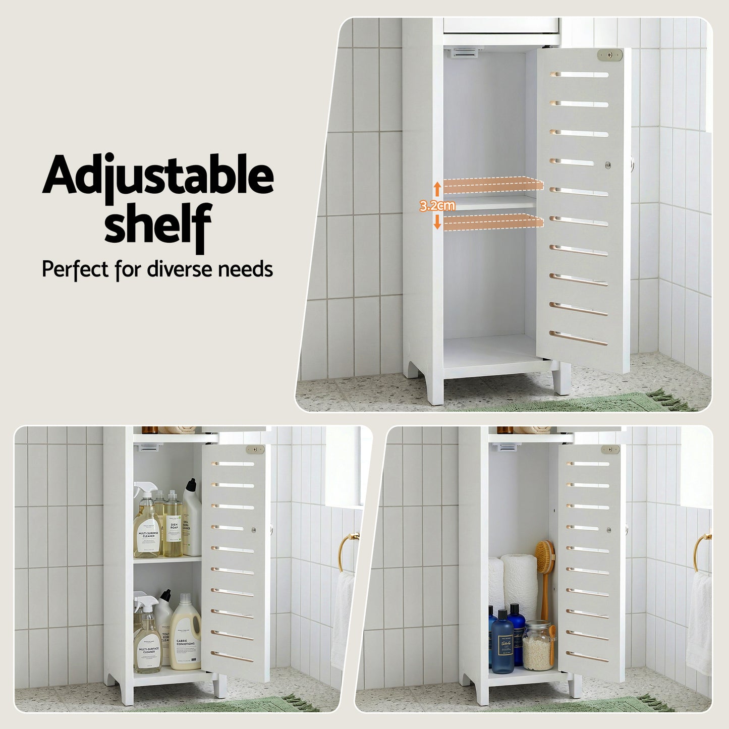 Bathroom Storage Cabinet – Slim 3-Tier Organizer with Toilet Paper Holder, White