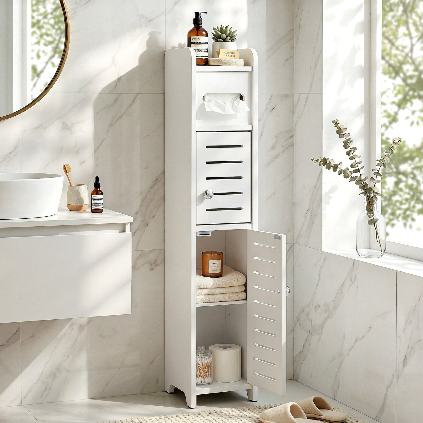 Bathroom Storage Cabinet – Slim 3-Tier Organizer with Toilet Paper Holder, White