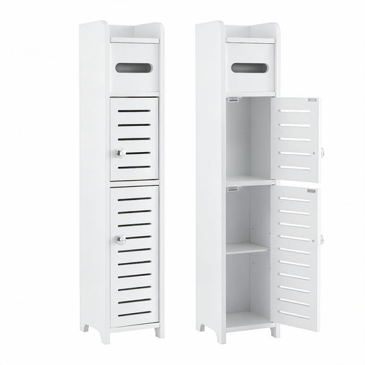 Bathroom Storage Cabinet with Toilet Paper Holder – 3-Tier, White, Slim Design