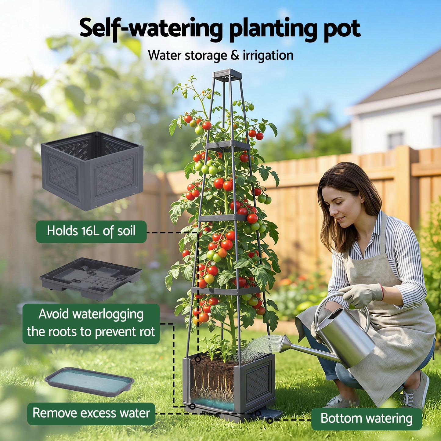 Self Watering Planter with Adjustable Trellis – Modular 4-Layer Tomato Box, 140cm