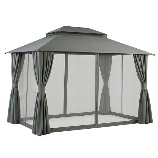 Gazebo with Ventilated Double Roof and Curtains – 3x4m Grey Steel Frame