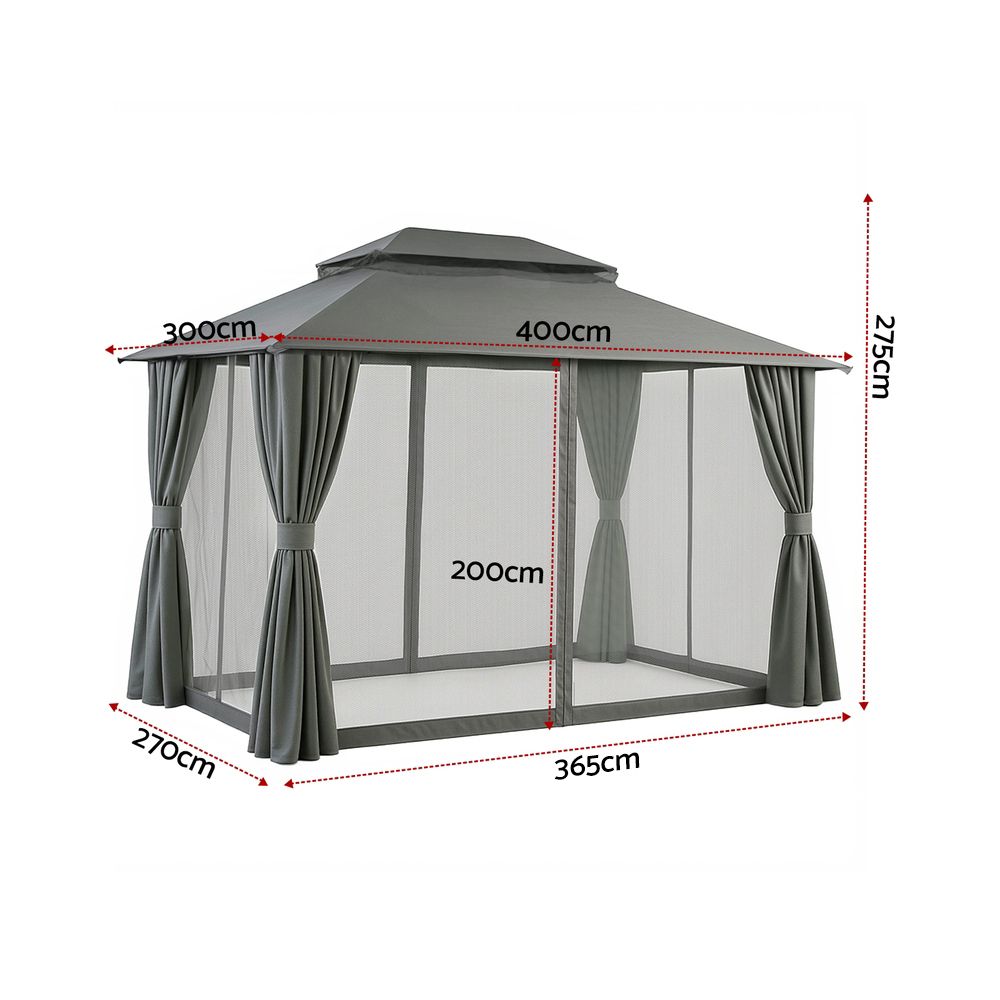 Gazebo with Ventilated Double Roof and Curtains – 3x4m Grey Steel Frame