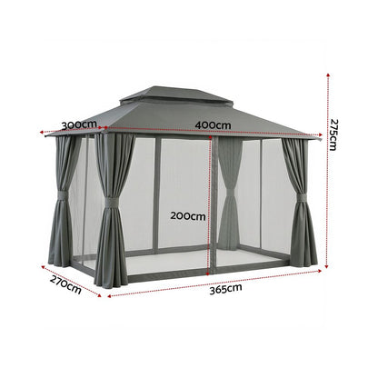Gazebo with Ventilated Double Roof and Curtains – 3x4m Grey Steel Frame